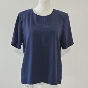 Worthington Petite Size 4 Navy Blue Short Sleeved Round Neck Summer Blouse Shirt